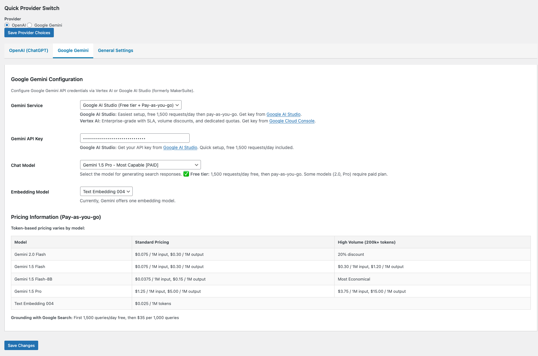 Google Gemini API Configuration Panel