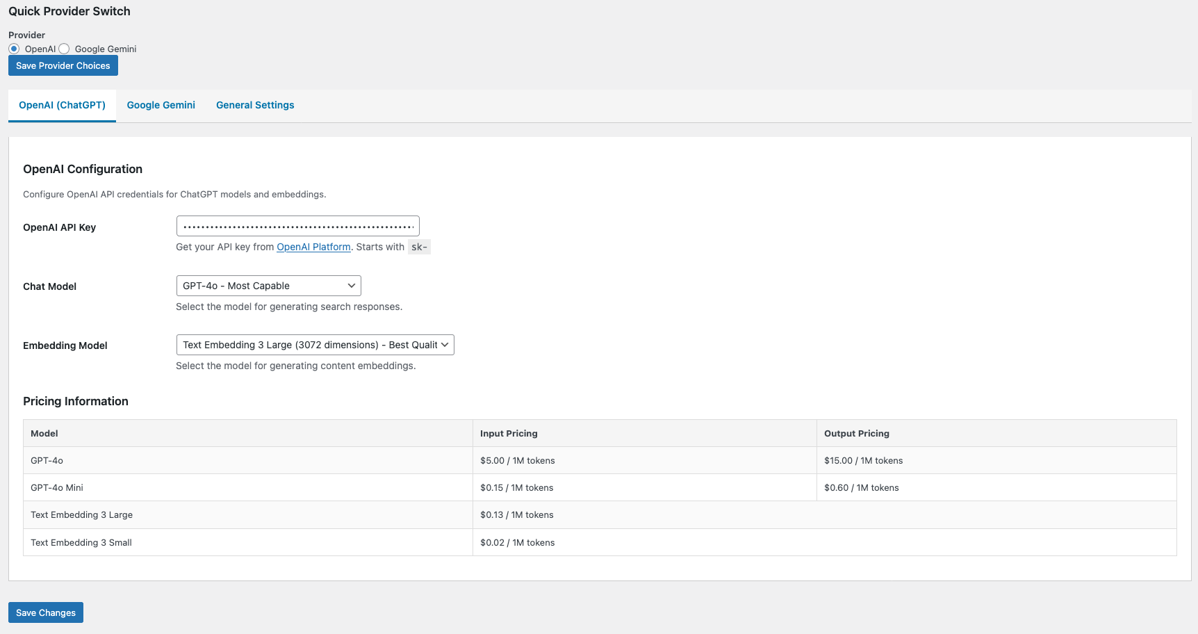 OpenAI API Configuration Panel