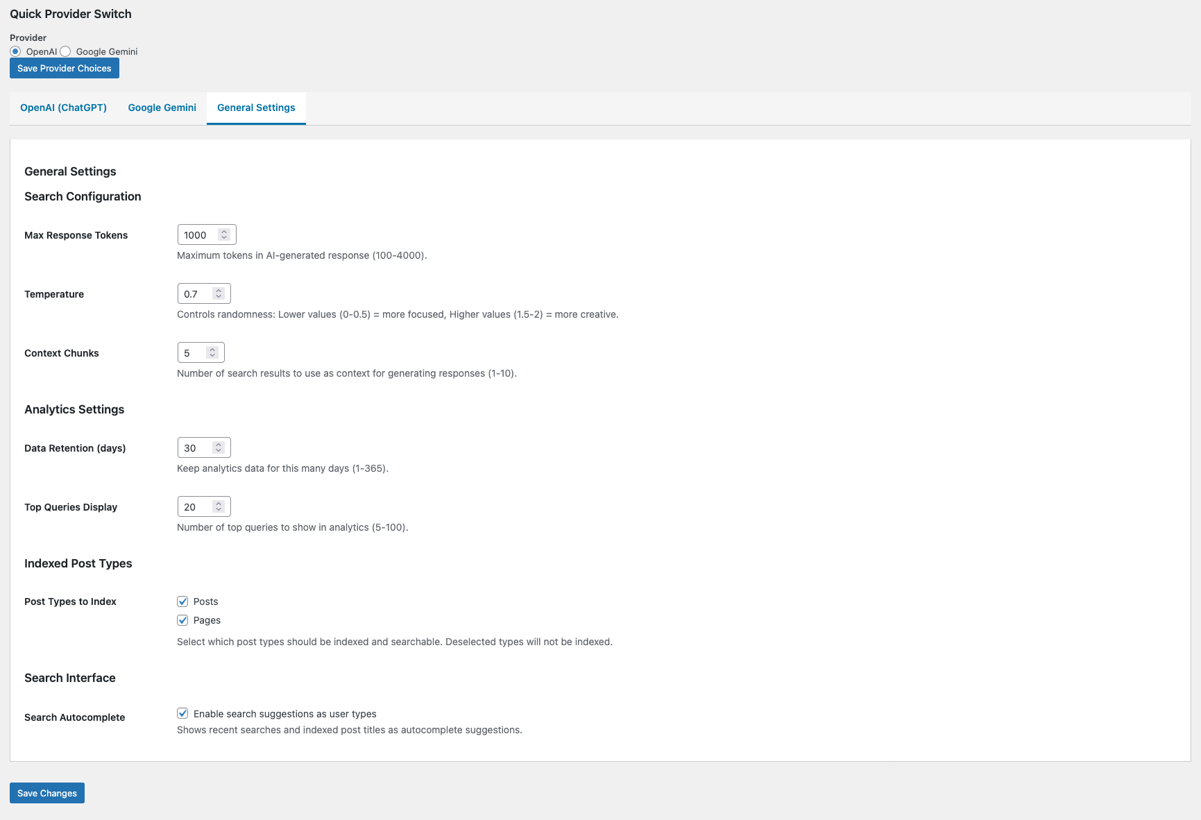 AI Search Pro General Settings Panel